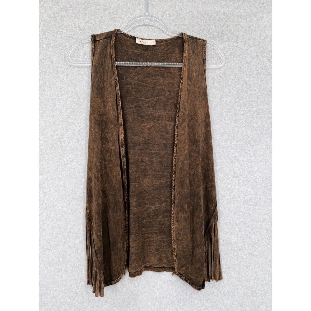 T Party Fringe Vest Women Small Brown Acid Wash Mineral Boho Open Front Tassels